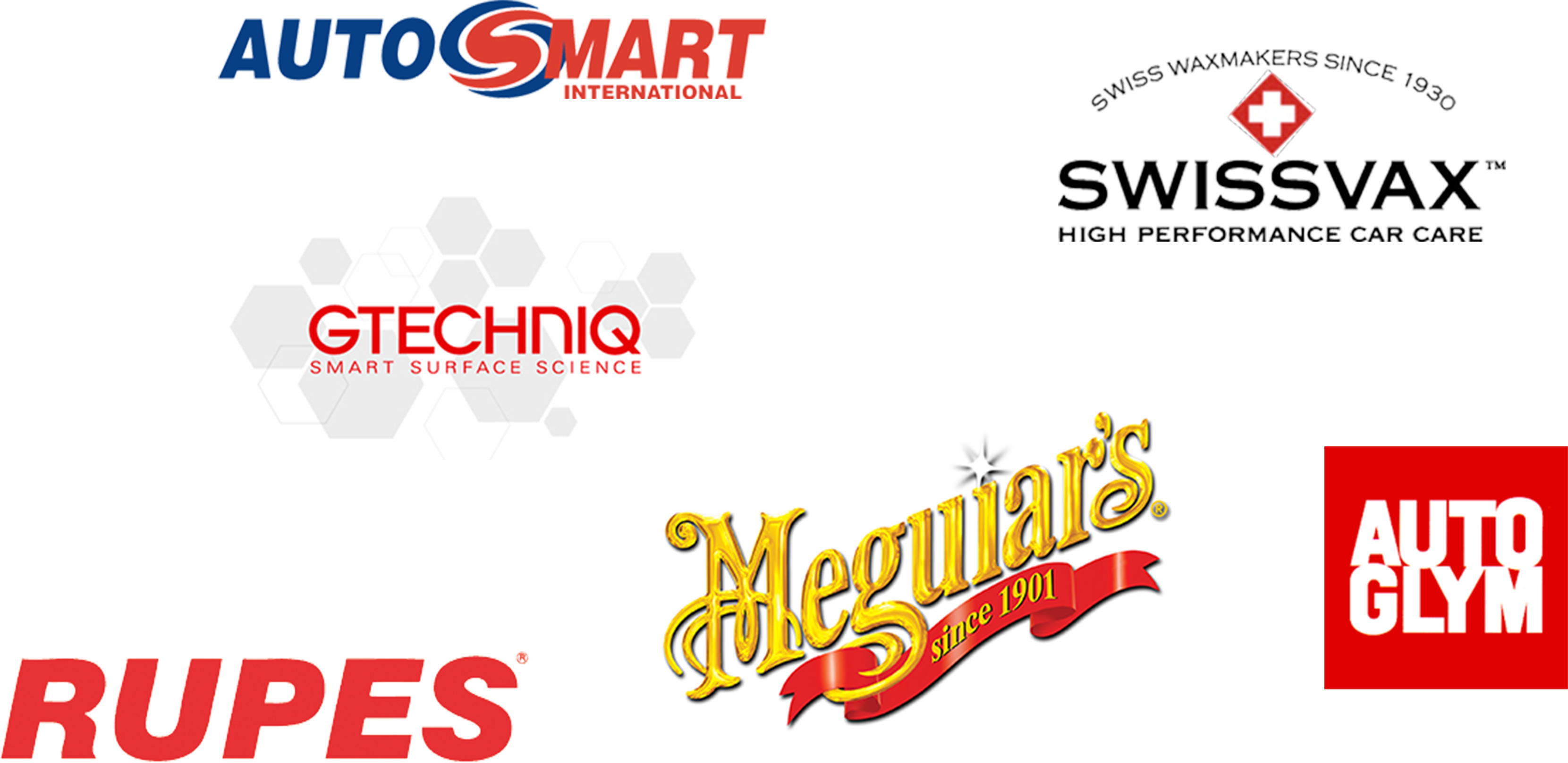 Autosmart logo, Swissvax logo, GTECHNIQ logo, Meguiars logo, Auto Glym logo, Rupes logo